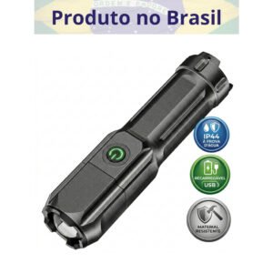 Lanterna Tática LED Recarregável USB com Zoom – Resistente a Respingos