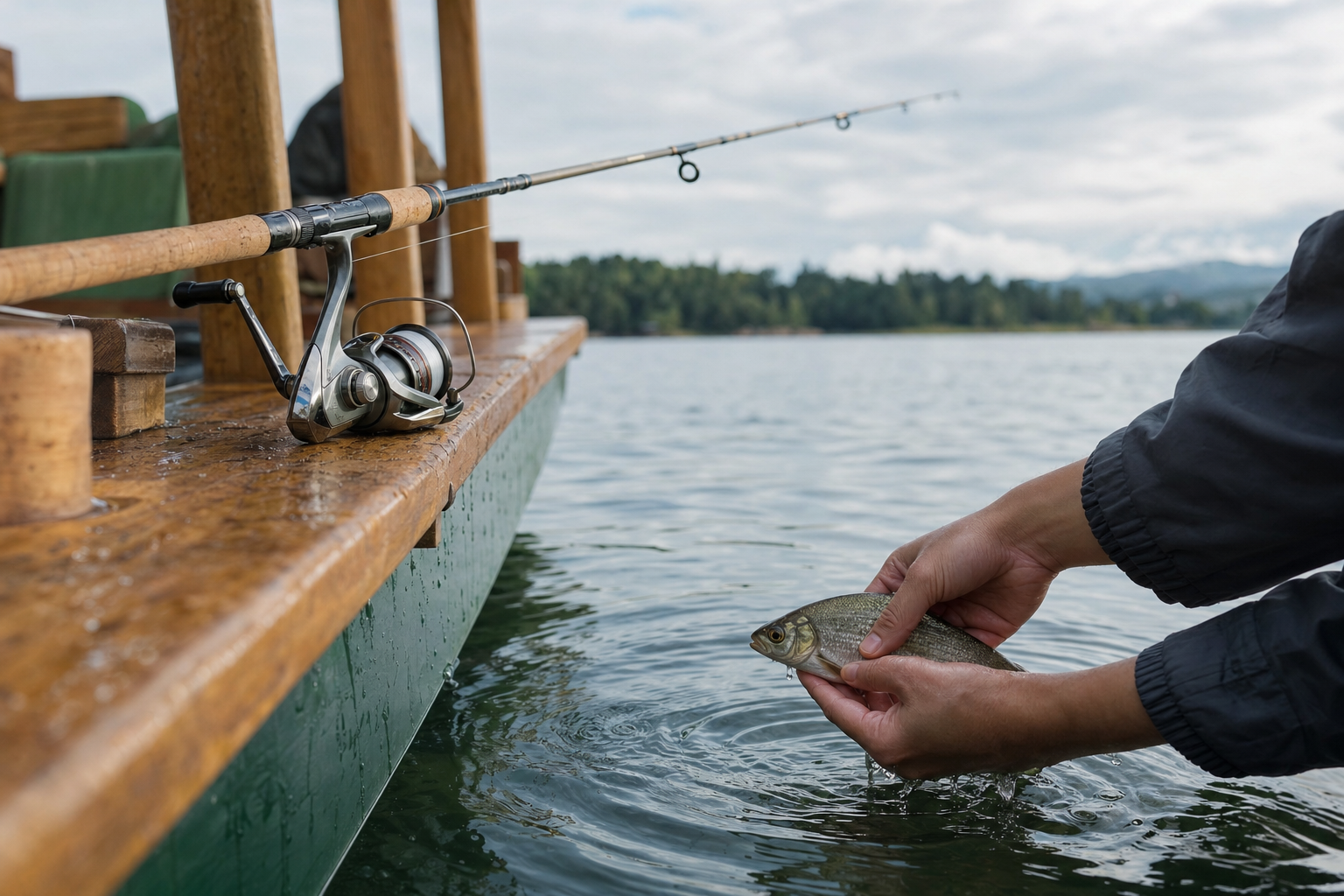 Pesca ultra light em deck com peixe pequeno sendo devolvido à água no pesque e solte
