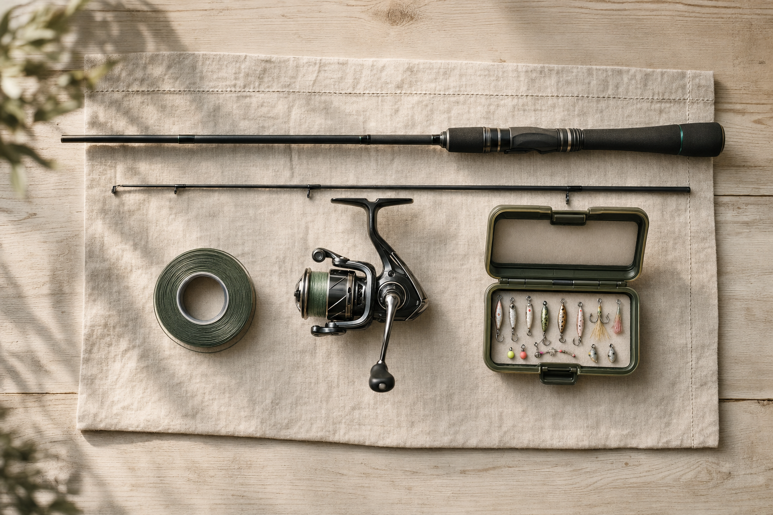 Kit de pesca ultra light em mesa de madeira com vara, molinete 1000, linha e micro iscas