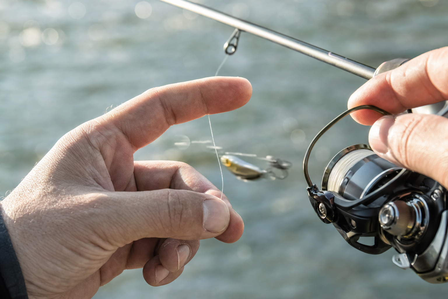 Mãos abrindo o arco do molinete com isca leve na ponteira no arremesso da pesca ultra light