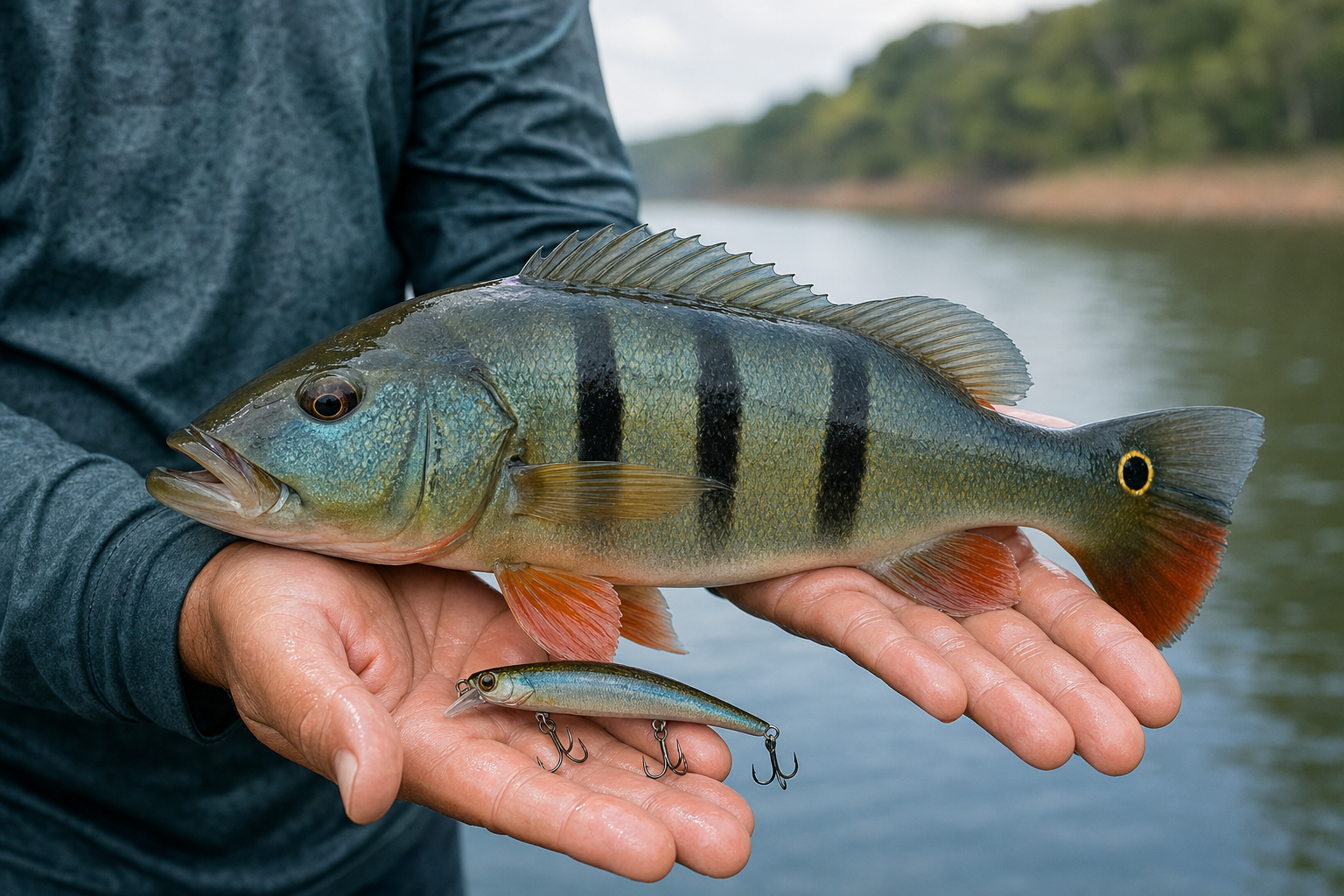 Mãos de pescador seguram um tucunaré-azul de 40 cm antes da soltura, com isca de meia água de 9 cm ao lado