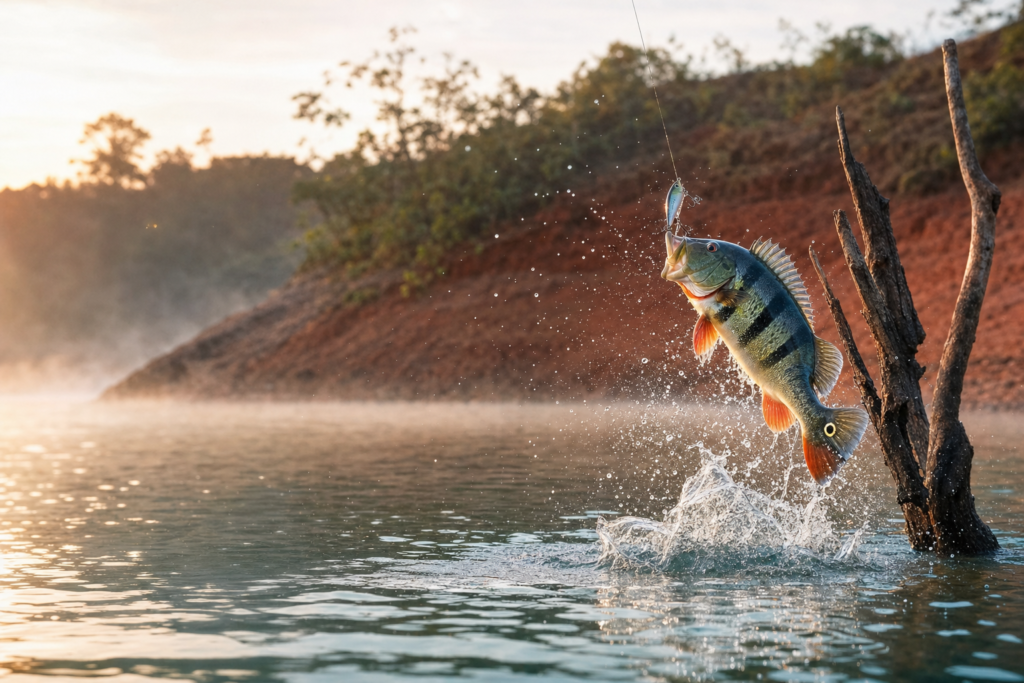 Tucunaré-azul saltando da água ao atacar uma isca artificial de meia água perto de galhada submersa em represa