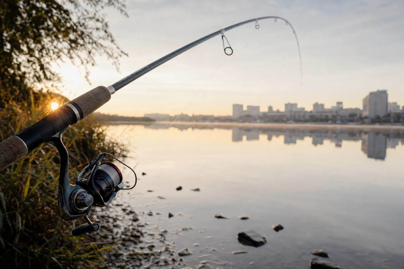 Pesca ultra light: vara leve curvada sobre lago calmo ao amanhecer com molinete pequeno